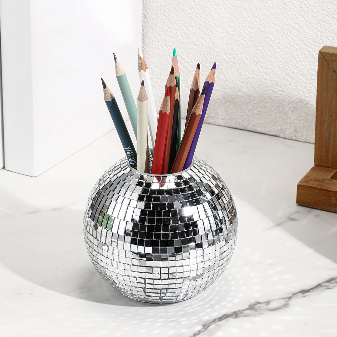 1 Pcs 4 Inch Disco Ball Pencil Pen Holder for Desk Decor Sequin Plastic Makeup Brush Organizer Disco Flower Vase Silver Table Centerpieces for Office Home Classroom Party