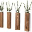 2 Pack Wooden Wall Planters with Fake Eucalyptus Stems, Modern Farmhouse Wood Vases Plants Wall Decor for Living Room, Bedroom, Bathroom (Dark Brown)