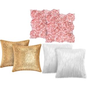 Oudain 6 Pcs Decorative 3D Rose Flower Pillow Cover, 16 x 16 Inch Faux Fur Throw Pillow Covers for Bed Square Sofa Bedroom Car(Pink, White, Gold)
