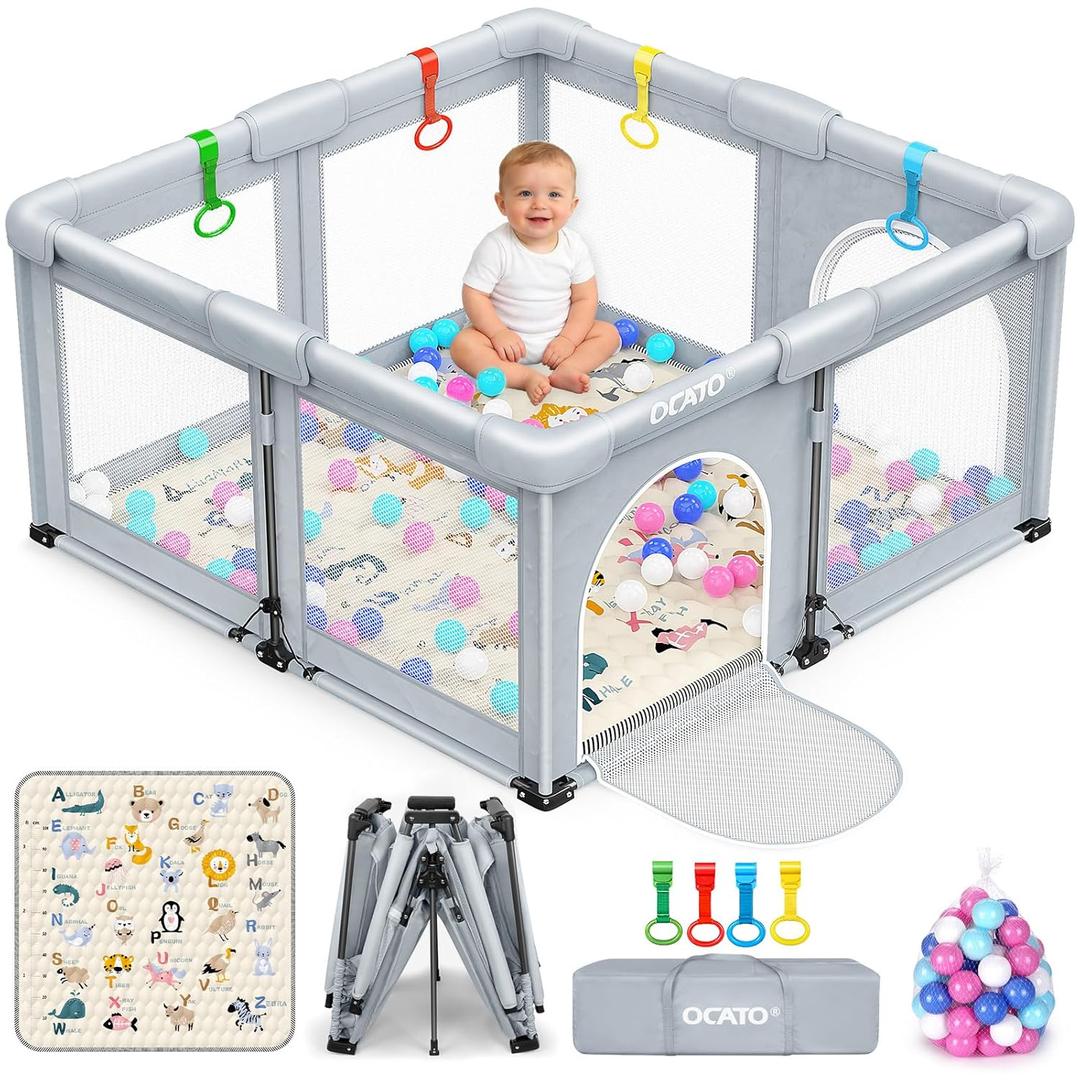 OCATO Baby Playpen with Mat: Foldable Playpen for Babies and Toddlers Play Pen Portable Playpens Fence Indoor Outdoor Kids Safety Area Play Yard with 50x50 Playpens Mat 4 Handlers 50 Balls (50" × 50")