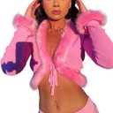 Sexy Women Long Sleeve Tie-up Cardigan Deep V Solid Crop Tops Fur Trim Fashion Knitted Sweaters (Large, Pink)