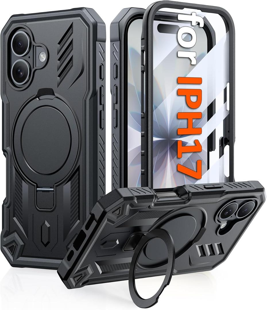 FNTCASE for iPhone 17 Phone Case: Magnetic Phone Cases with [Ring Kickstand] [Built-in Screen Protector] [Heavy Duty Military Grade Protection] Shockproof Full Body Hard TPU Phone Cases Black