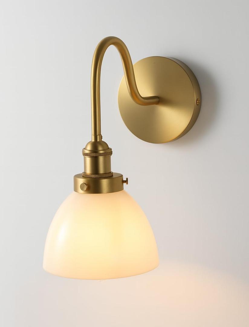 Compact Gold Wall Sconce with Brass Finish - Brass Wall Sconce Featuring Milk Glass Shade and gooseneck Design for Farmhouse Vanity - Mid Century Modern Wall Light Fixture (Bulb Included) (1 Pack, BRS-D6)