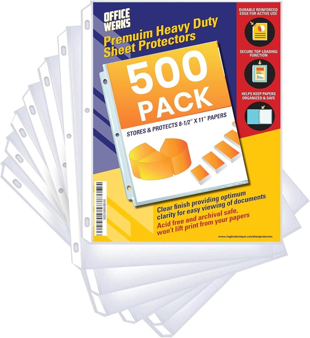 500 Sheet Protectors for 3 Ring Binder, 8.5 x 11 Heavy Duty Clear Plastic Sleeves for Paper, Top Loading Page Protectors, Reinforced 3-Hole Punch, Acid Free Polypropylene, Archival Safe - Office Werks