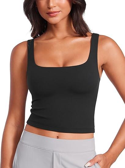 CRZ YOGA Womens Butterluxe Double Lined Square Neck Tight Tank Tops Sleeveless Workout Cropped Casual Yoga Fitted Shirts (Small, Black)