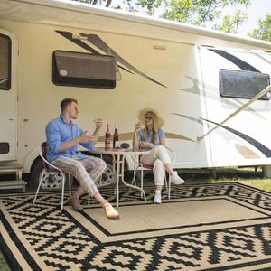 Kalafun Outdoor Patio Plastic Straw Rug, 8x10 ft, Stripe Black Brown