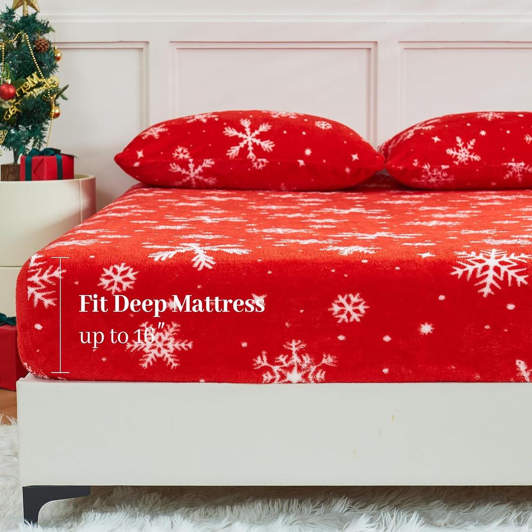 YIYEA Christmas Fleece Fitted Sheet Only, Ultra Soft Fluffy Plush Velvet Deep Pocket Fitted Bottom Sheet for Fall Winter, Cozy Warmth and No Shedding, Queen