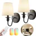 Battery Operated Wall Sconce Set of 2,Rechargeable Wall Sconce with 10000mAh Dimmable Bulb and Remote,LED 15 Colors Black Wireless Battery Powered Wall Lamp with Fabric for Bedroom Living Room