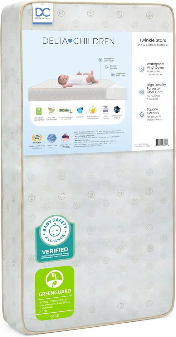 Delta Children Twinkle Stars Dual Sided - 6" Premium Sustainably Sourced Fiber Core Crib and Toddler Mattress - Waterproof - GREENGUARD Gold Certified 