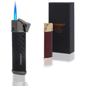 Butane Torch Lighter Leather Body 2 Pack Single Jet Flame Windproof Gift Box (red+Black)