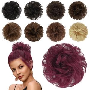 FESHFEN Human Messy Buns - 100% Human Hair Bun Real Scrunchies Hair Pieces Ponytail Extensions Wavy Tousled Updo Chignon Hairpieces for Women, Wine Red