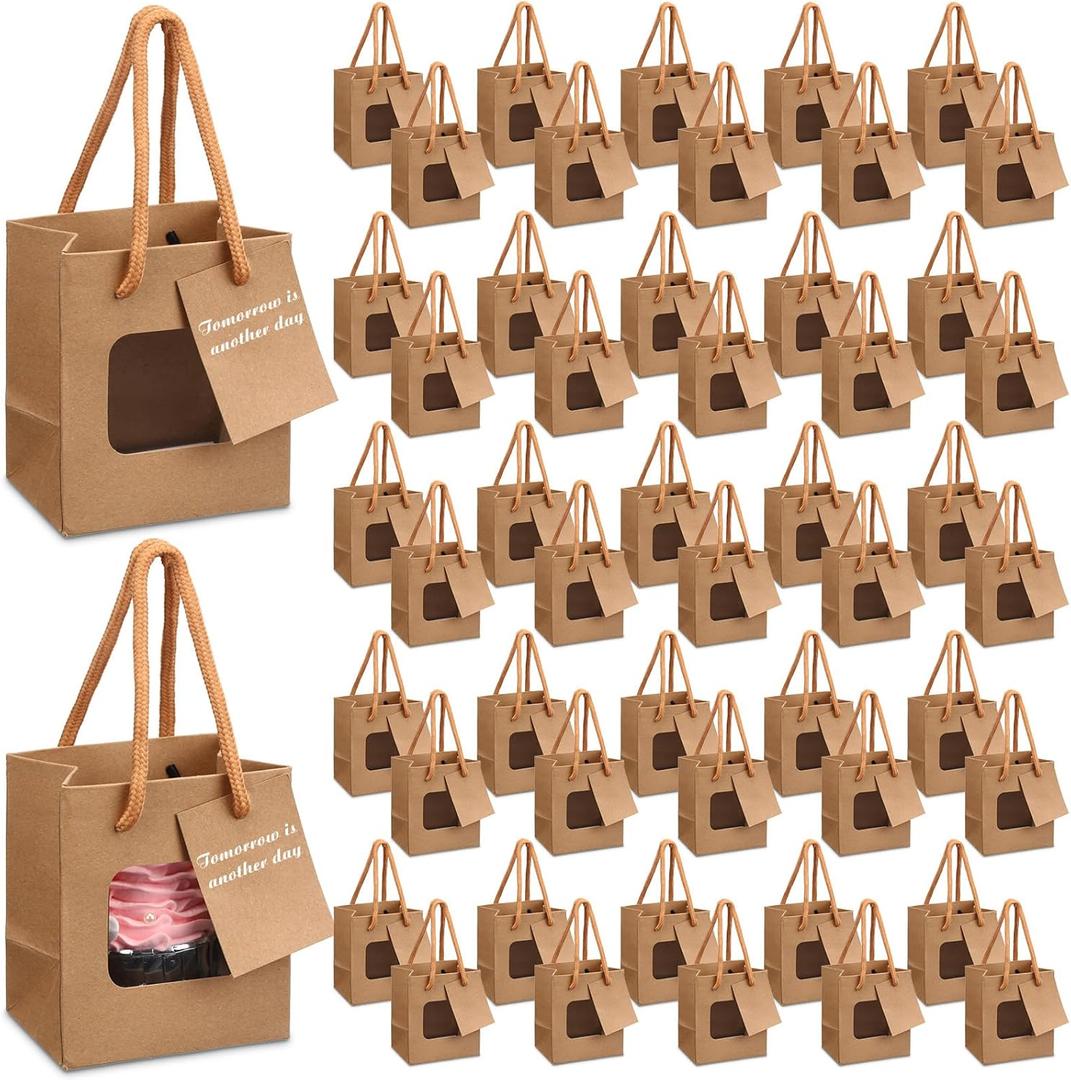 Fuutreo 50 Pcs Brown Kraft Paper Gift Bags with Window 4 x 2.75 x 4.5 In, Handles & Tags for Wedding, Valentine's, Mother's Day Gift Wrap