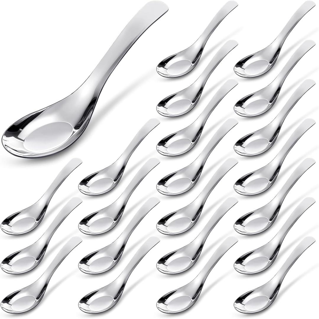 Tioncy 24 Pcs Stainless Steel Soup Spoons Mirror Polished Asian Soup Spoons for Bouillon Dessert Cereal Ramen Pho Wonton Dumpling Noodles