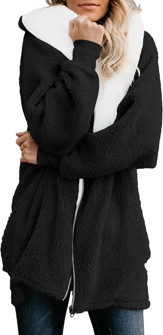 ReachMe Womens Fleece Zip Up Jacket with Pockets Oversized Long Sherpa Hoodie Fuzzy Jackets Warm Teddy Coat (Large, 02 Black)