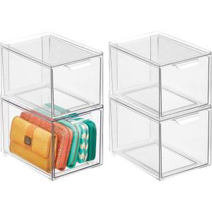Mdesign Shoe Storage Box with Drawer Sturdy Plastic Storage Box for Shoes Stackable Drawer Box for Shoes, Accessories and More Pack of 4 Clear