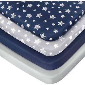 Pack and Play Sheets Boys, 4 Pack Mini Crib Sheets, Stretchy Pack and Play Playard Fitted Sheet, Compatible with Graco Pack n Play, Soft and Breathable Material, Navy (39"X27")