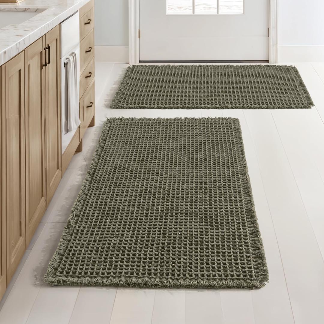 MIULEE Set of 2 Waffle Bathroom Rugs, Super Absorbent Non Slip Bath Rugs, Washable Bath Mats with Tassels, Ultra Soft Rubber Backed Shower Mats for Bathroom Floor, Tub, Green, 18x30 Inch