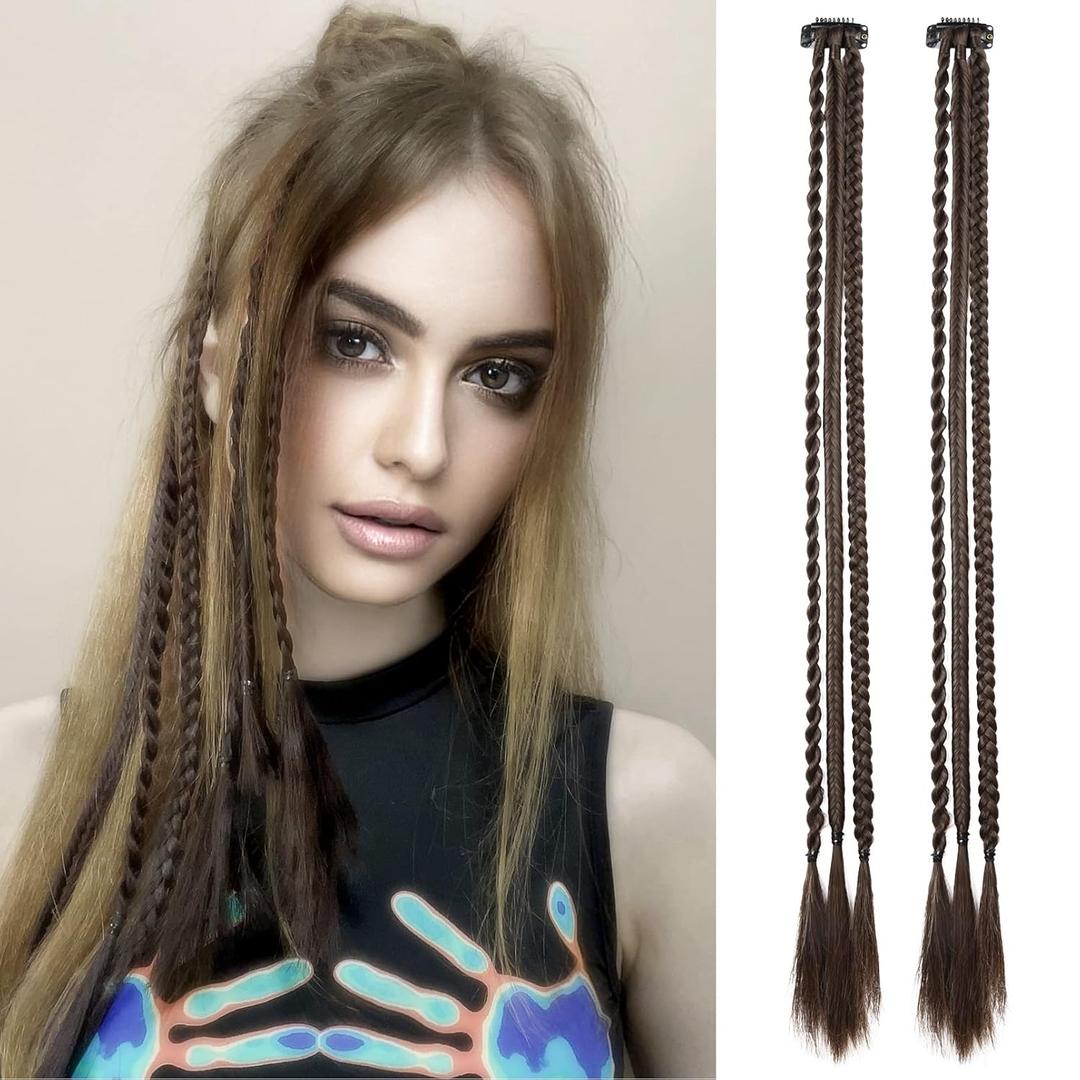 REECHO Clip in Hair Extensions - 6 PCS Baby Braids, 3 Braids per Clip, 6 Total, 22" Long Natural Soft Synthetic Hairpieces for Women & Girls (Dark Brown)