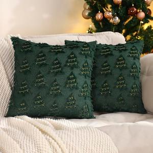 Tosleo Christmas Throw Pillow Covers 18x18 Set of 2 Dark Green Christmas Decoration Xmas Trees with Lights Pillow Covers Soft Plush Faux Wool Jacquard Pillowcases Holiday Festivals Winter Home Decor