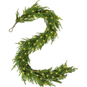 6ft Pre-lit Real Touch Norfolk Pine Prelit Christmas Garland, Winter Greenery Garland for Christmas, Holiday Seasonal Outdoor/Indoor Home Decor