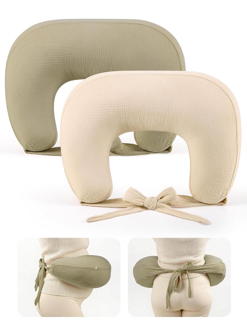 lulumoon Muslin Nursing Pillow Covers - 2-Pack Soft Cotton Slipcovers for Breastfeeding & Bottle-Feeding - Extension Strap for Snug Fit & No Sliding - Hidden Zipper Safety for Newborn Baby (Cream & Olive)