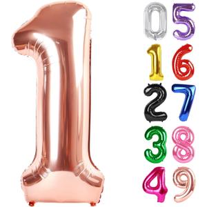 Rose Gold Number 1 Balloon 40 Inch, 1st Birthday Balloon for Baby Boy Girl Toddler First Birthday Decorations, Shiny Rose Gold Party Supplies