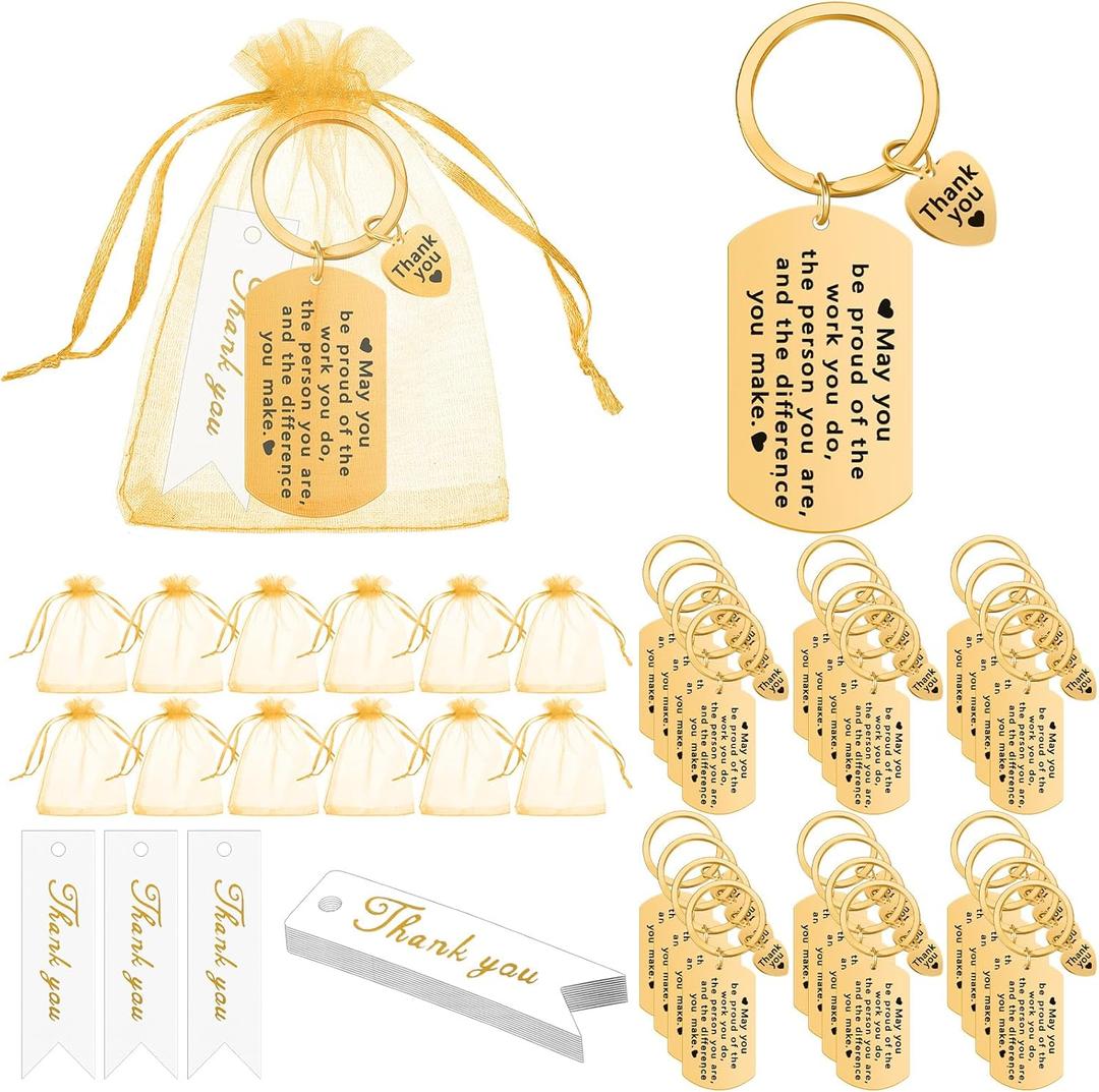 Yinkin 72 Pcs Employee Appreciation Gifts Thank You Coworker Keychain Gifts Organza Bags Thank You Cards Nurse Housekeeping (Gold)