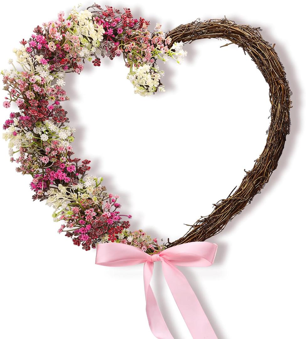 Dingion Boho Valentines Day Wreath Decorations 18 Inch Artificial Pink Heart Grapevine Wreaths for Front Door Baby's Breath Wreath for Anniversary Wedding Party Wall Window Mantel Decor