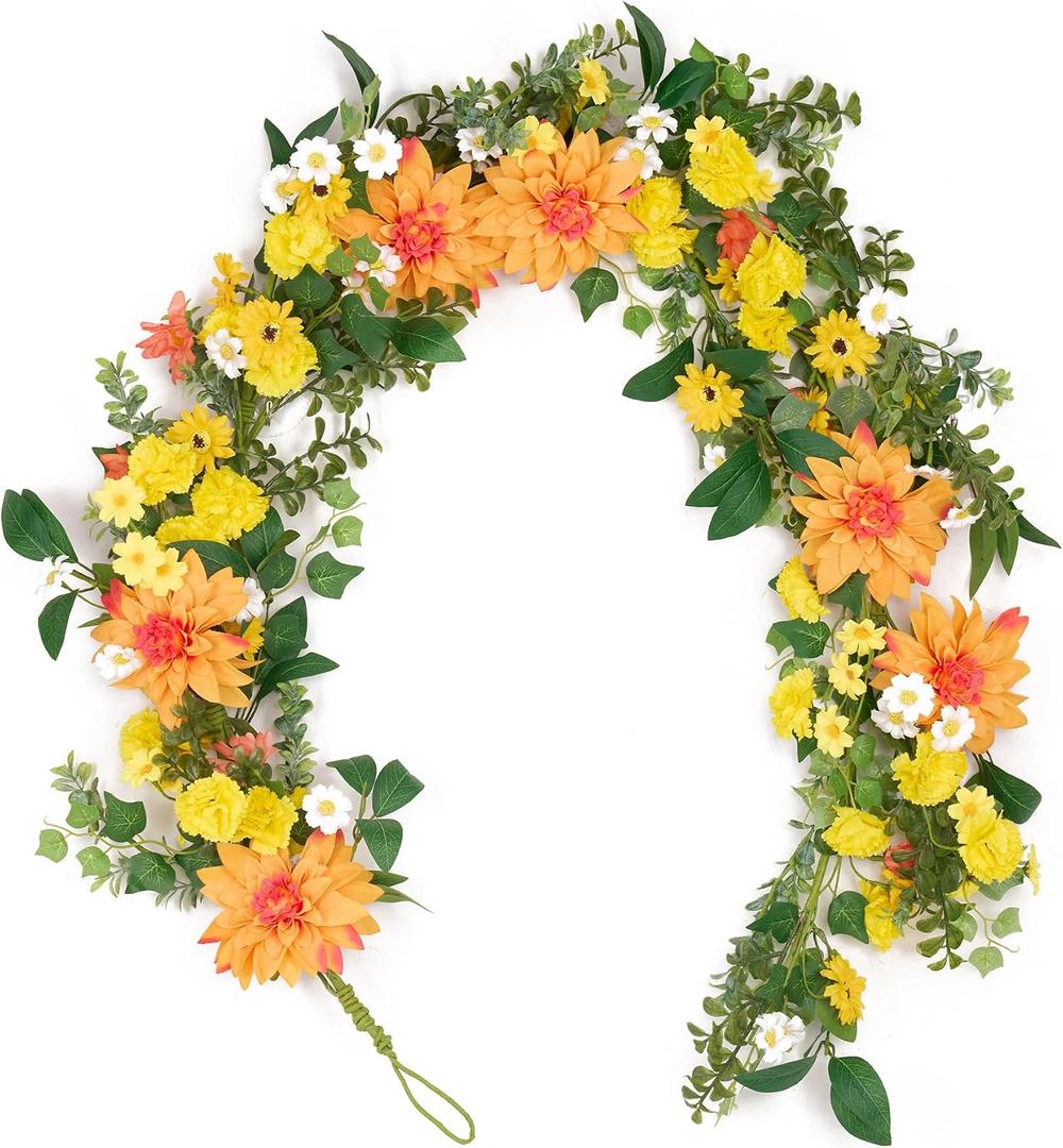GENMOUS Artificial Dahlia Daisy Flower Garland Decor, 5.3Ft Spring/Summer Fall Garland Floral Garlands for Indoor Outdoor Home Wedding Arch Porch Stair Backdrop Year Round Decor (Yellow Orange)