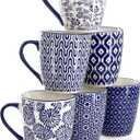 Elama Declan 12 Ounce Assorted Design Stoneware Mug Set in Blue and White, 6 Piece Set