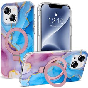Compatible with iPhone 14 Plus Case Marble Pattern with Magnetic Ring Stand [Compatible with Mag-Safe] TPU Protective Phone Case for iPhone 14 Plus 6.7" for Women, Marble Purple Blue