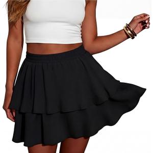 Lepunuo Boho Mini Skirts for Women Flowy Ruffle Tiered Skorts Skirts with Short Underneath with Pockets Beach Vacation (Black, L)