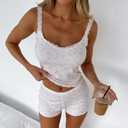 XBTCLXEBCO Women Sexy 2 Piece Pajama Set Sleeveless Lace Trim Crop Cami Top and Shorts Pj Set Y2K Sleepwear Lounge Outfits