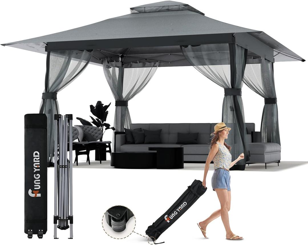 13x13 Outdoor Patio Gazebo with Mosquito Nettings - Double Roof Pop Up Canopy Tent with Wheeled Carry Bag, for Backyard Deck Lawns Garden (Gray, 13X13)