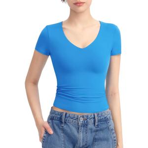 PUMIEY Women's V Neck Short Sleeve T Shirts Slim Fit Going Out Tops Sexy Basic Tee Sharp Collection (Pool, S)