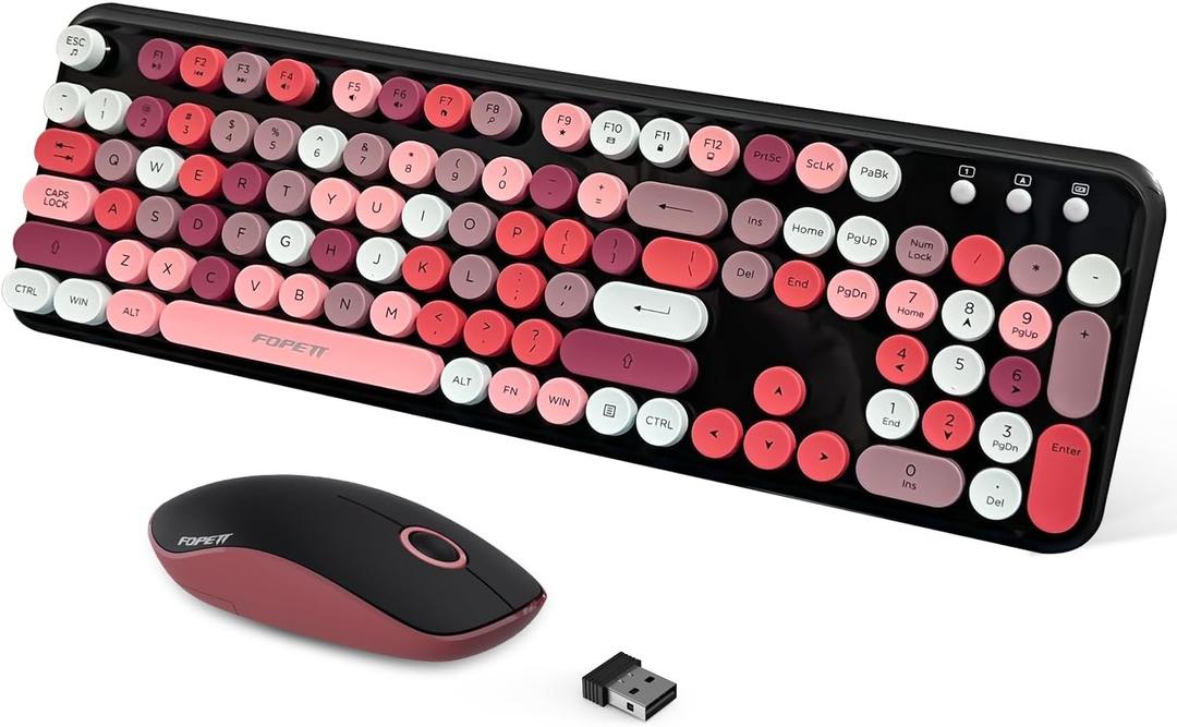 FOPETT 2.4GHz Wireless Keyboard and Mouse Set with Switch Button - Full-Size Keyboard - Compatible for Windows/Laptop/PC/Notebook/Smart TV and More - Black Colorful