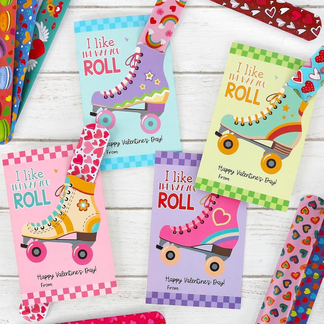 DAZONGE 24 Packs Roller Skate Valentine's Day Cards with Slap Bracelets, Fun Valentines Day Gifts for Kids Classroom Exchange & School Parties