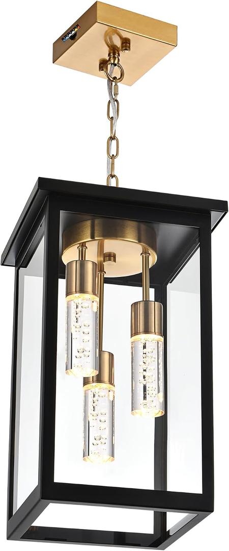 5CCT LED Large Outdoor Pendant Light Fixtures, 3-Light LED Integrated Bulbs Included Modern Outdoor Hanging Lighting Ceiling, Clear Glasss Outside Chandelier for Porch Gazebo Entryway