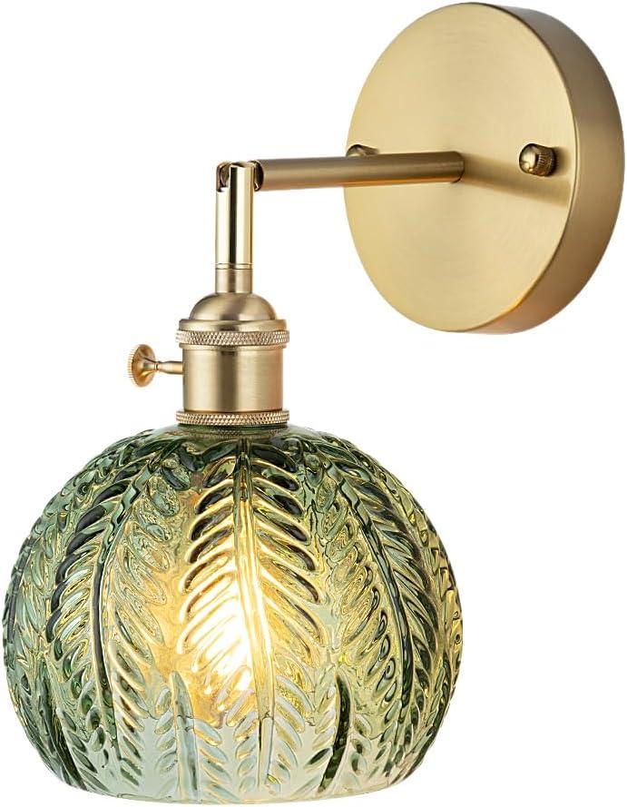 Cerdeco Vintage Wall Sconce with Green Leaf Glass Shade,180Adjustable Arm and Golden Base,Modern Indoor Wall Light Lighting for Bedroom