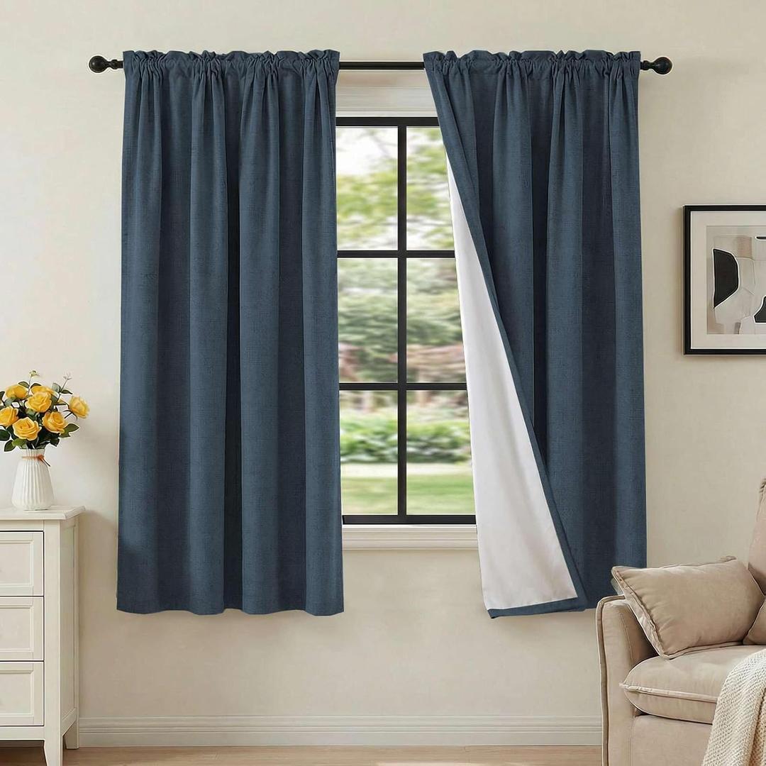 H.VERSAILTEX Linen Look 100% Blackout Curtains 63 Inches Long for Bedroom Full Light Blocking Rod Pocket Linen Textured Thick Window Curtain Drapes with White Backing, Navy, 2 Panels, 52"W x 63"L