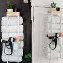 Over The Door/Wall Mounted Towel Rack - Modern Door & Wall Towel Holder for Rolled Towels with Hair Slot Dryer & Multipurpose Cup Holder - Hanging Towel Rack for Bathroom Holds 6 Large Towels - White