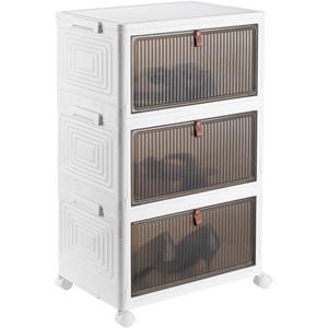 3-Tier Plastic Multi-layer Storage Bins with Doors and Wheels Stackable Shoe Box Closet Folding Storage Containers Collapsible Storage Bin for Home and Office