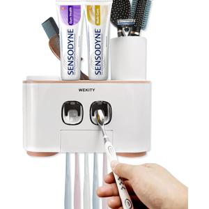 Toothbrush Holder Wall Mounted, WEKITY Multi-Functional Toothbrush and Toothpaste Dispenser for Bathroom, with 5 Toothbrush Slots, 2 Toothpaste Squeezers and 4 Cups(Pink)