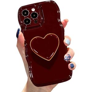 Cute Case for iPhone 15 Pro Max 6.7'', Wine Red Soft TPU Shape Shockproof Protective Cover with Stand, Luxury Bumper Wave Frame Curly Shape Love Heart Holder Kickstand Phone Case for Girls Women