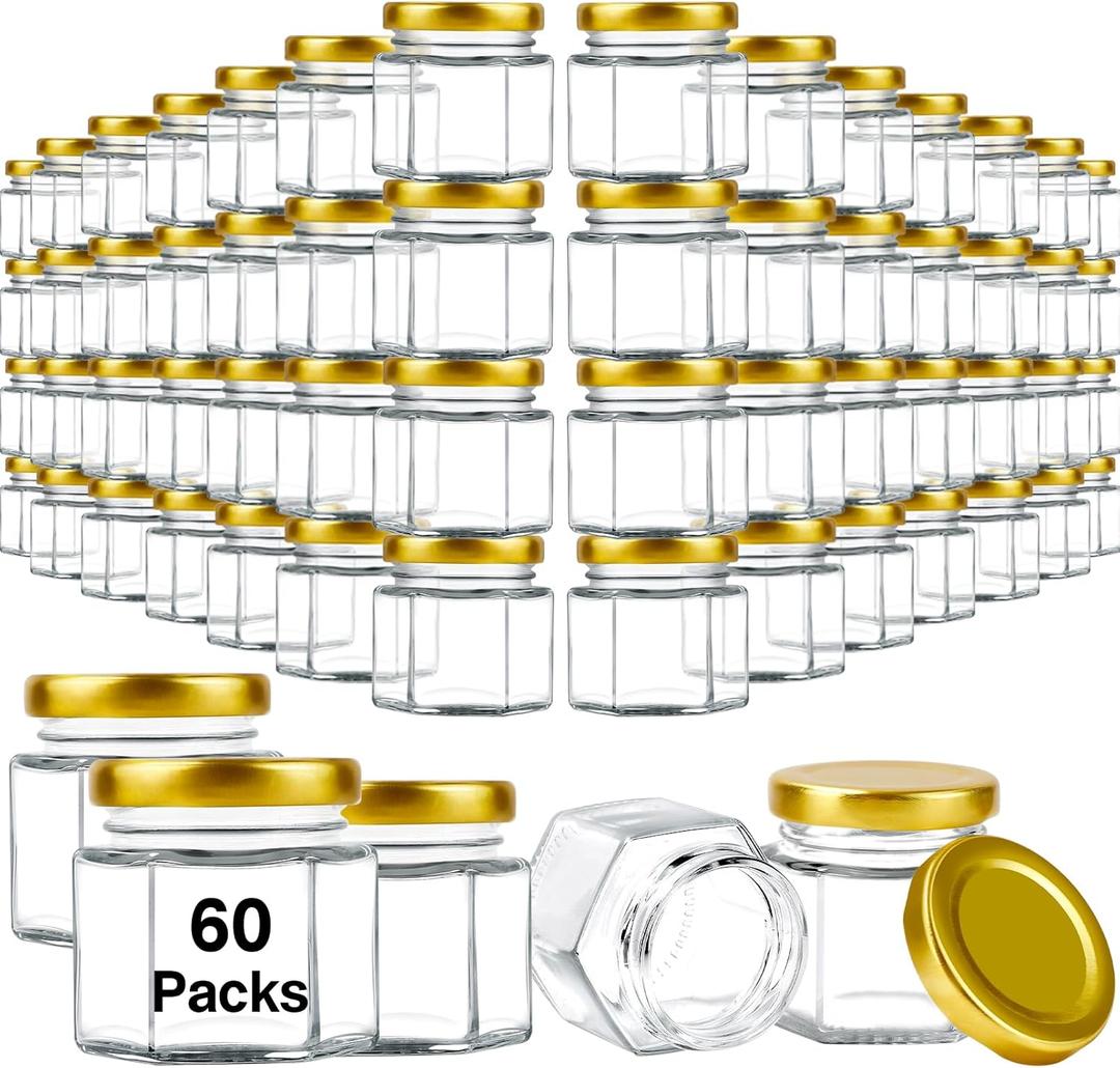 60 Pack Mini Glass Honey Jars, 2 oz Small Spice Jar, Hexagon Glass Jars with Gold Lids, Small Containers with Airtight Lids, Canning Jar for Gifts, Wedding Party Favors, DIY Crafts