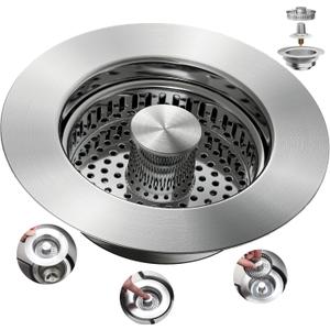 Sink Drain Strainer 3 in 1, 304 Stainless Steel Pop Up Sink Stopper, Anti-Clogging Sink Strainer, Kitchen Sink Strainer, Drain Cover and Kitchen Accessories for US Standard Sink(Silver)