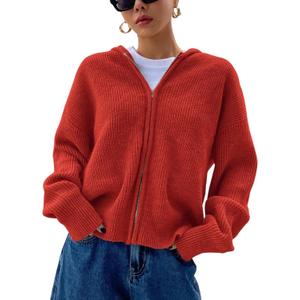 SOLY HUX Zip Up Cardigan for Women Hooded Cardigan Sweater Knitted Drop Shoulder Fall Clothes Winter Hoodies Outerwear (Medium, Plain Red)