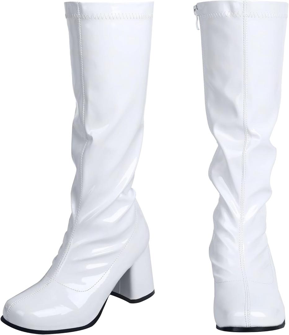 SATINIOR 60s 70s Women's Boots, Knee Block Heel Zipper Boot, Heel Knee High Boots for Cosplay, Disco, Evening Party(10,White)