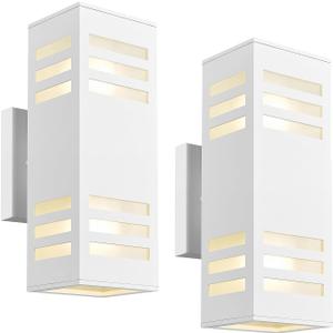 harriet Porch Lights Outdoor Modern - IP64 Waterproof Aluminum and Tempered Glass Cover, 13" Rectangular Up/Down Wall Sconce for Porch, Garage & Patio, Exterior Lighting, White, 2 Pack
