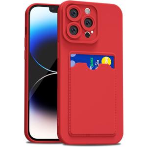 for iPhone 14 Pro Case with Card Holder Slim, Thin Silicone Wallet Phone Case with Credit Card Slot for Women Men, Soft Rubber Gel TPU with Pocket Shockproof Camera Cover, Red